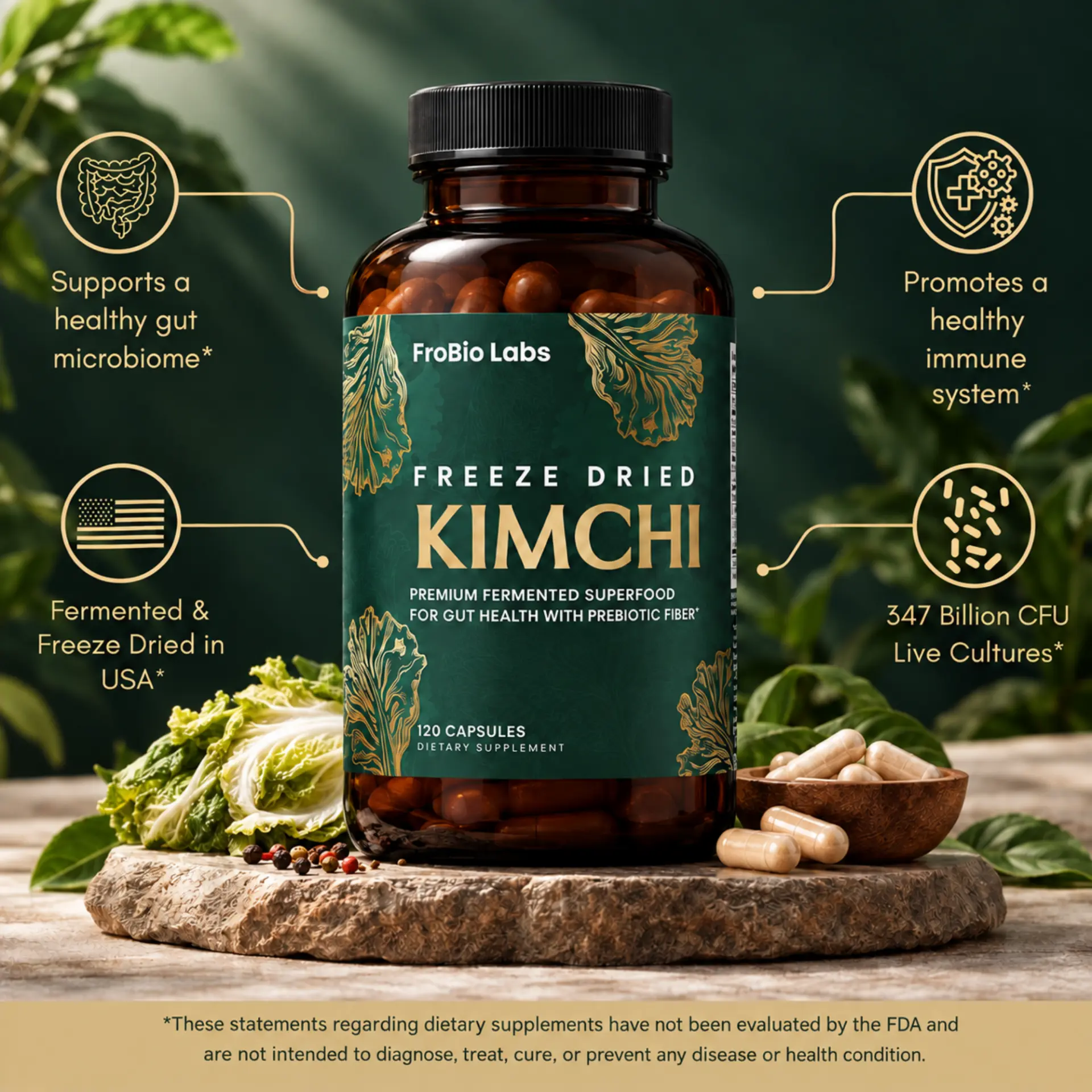 FroBio Labs kimchi capsules with highlighted gut, immune, fermentation, and live culture benefits