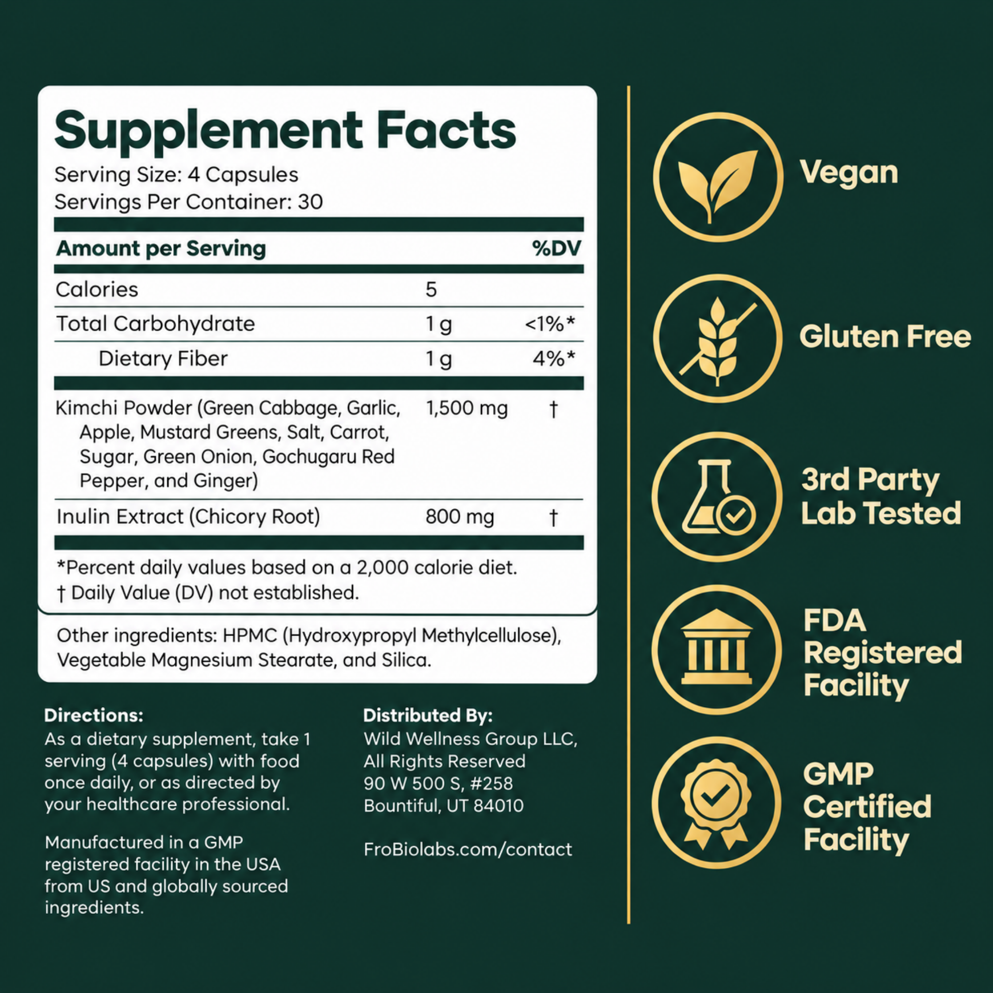 FroBio Labs Supplement Facts, directions, manufacturer details, and product quality highlights
