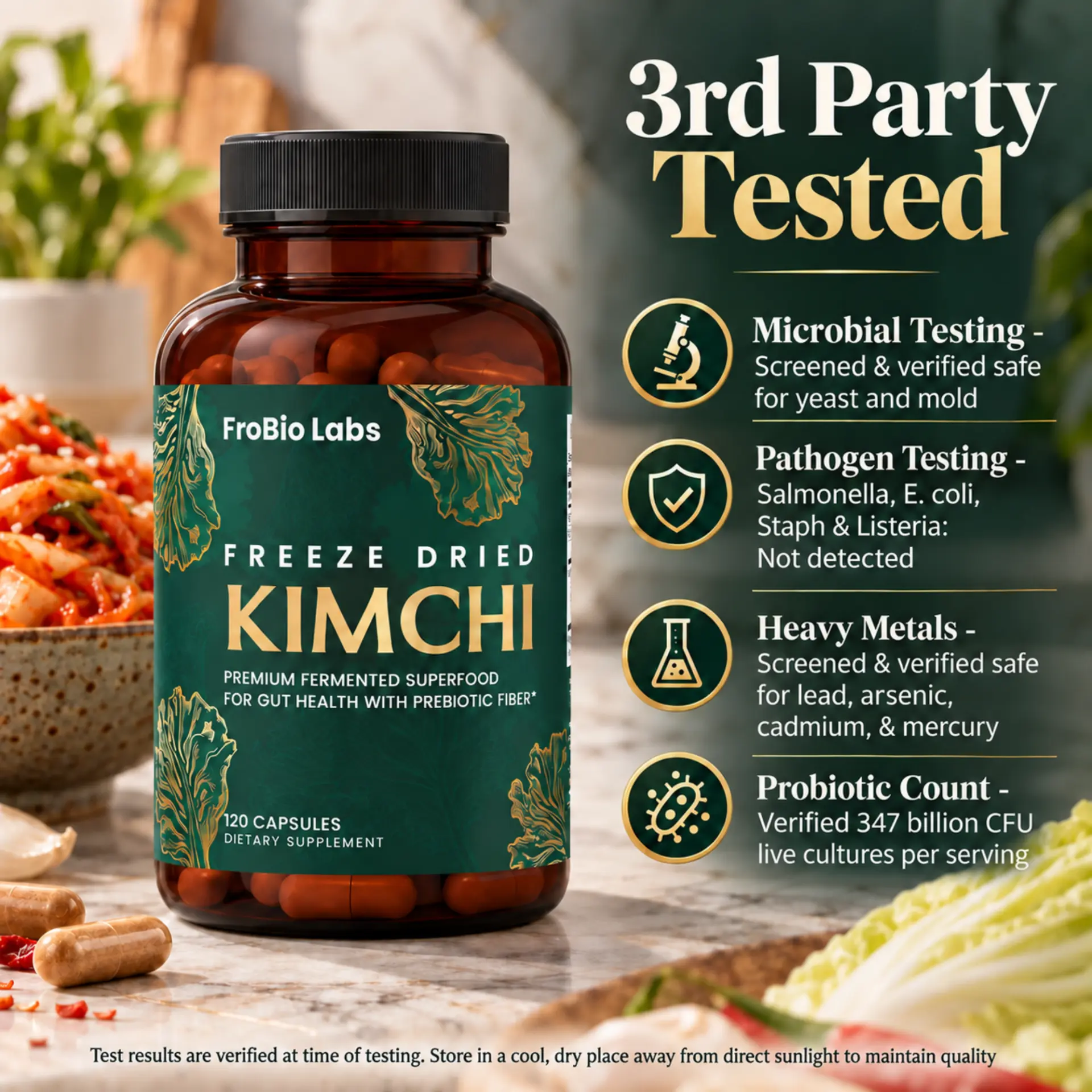 FroBio Labs bottle with a summary of third-party microbial, pathogen, heavy metal, and probiotic testing