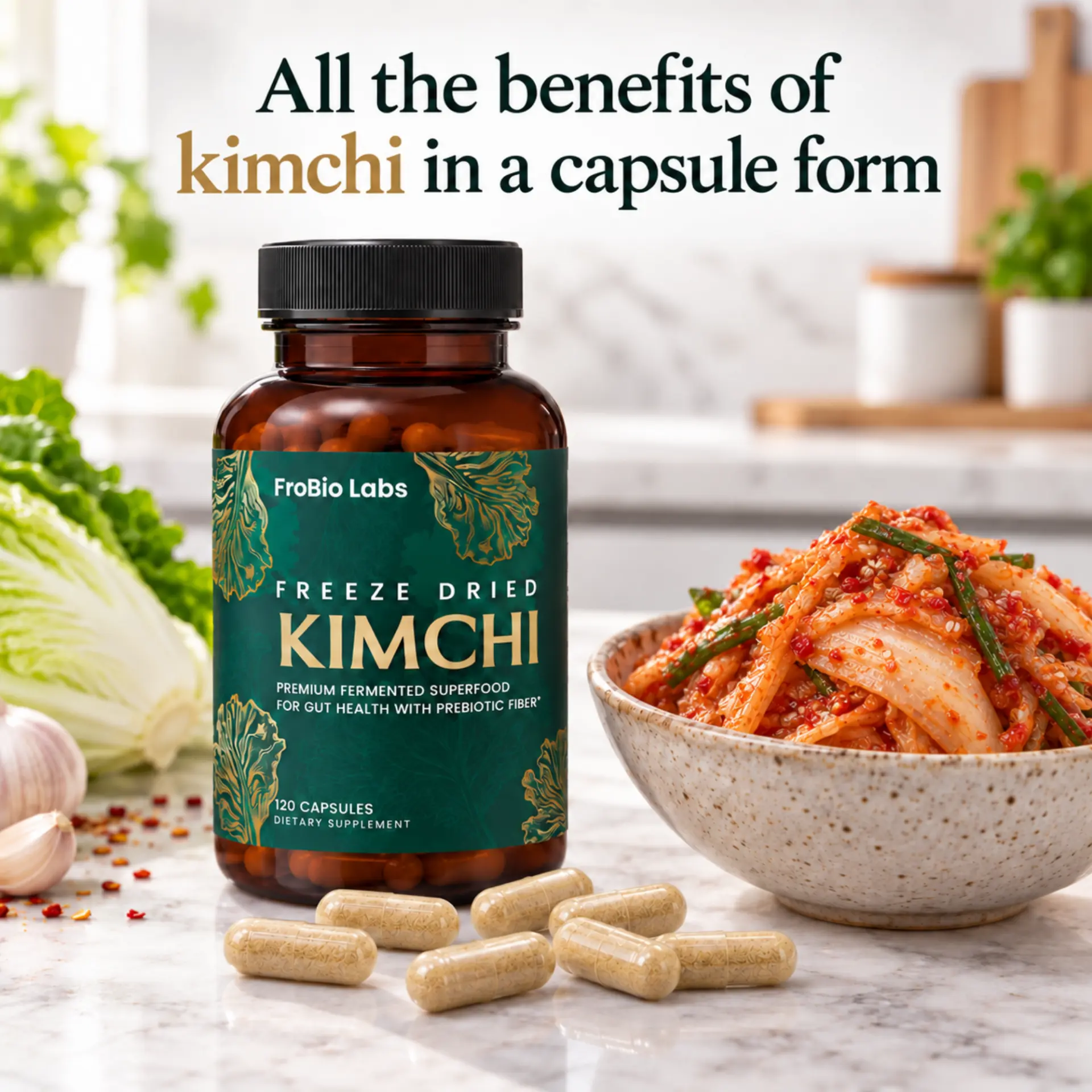 FroBio Labs Freeze Dried Kimchi bottle beside fresh kimchi and capsules