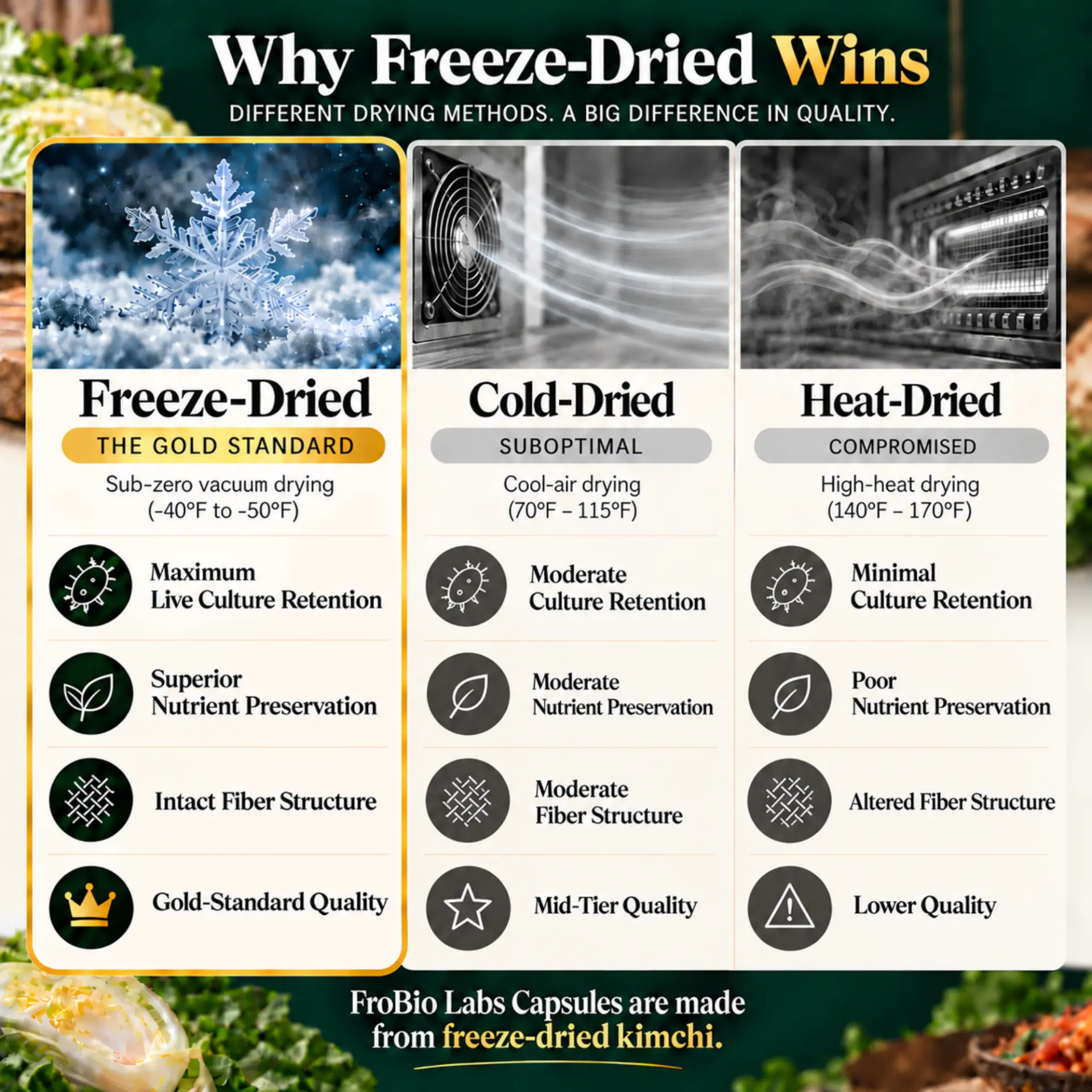 Comparison of freeze-dried, cold-dried, and heat-dried processing methods
