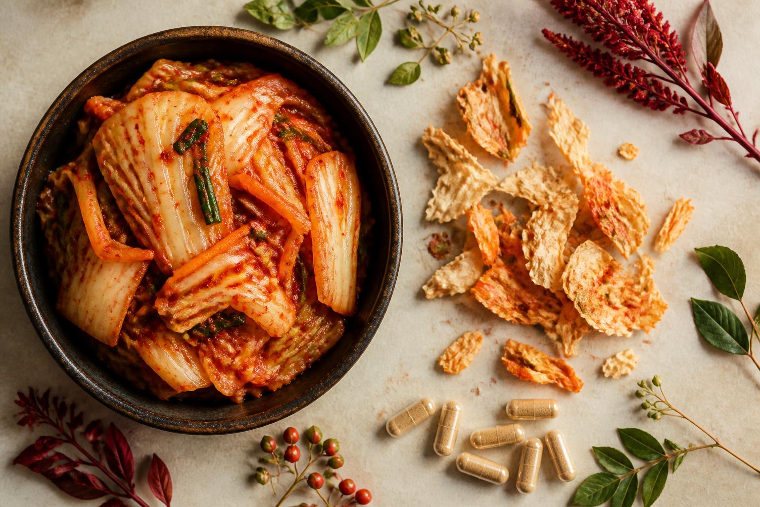 Fresh kimchi beside freeze-dried kimchi pieces and finished capsules